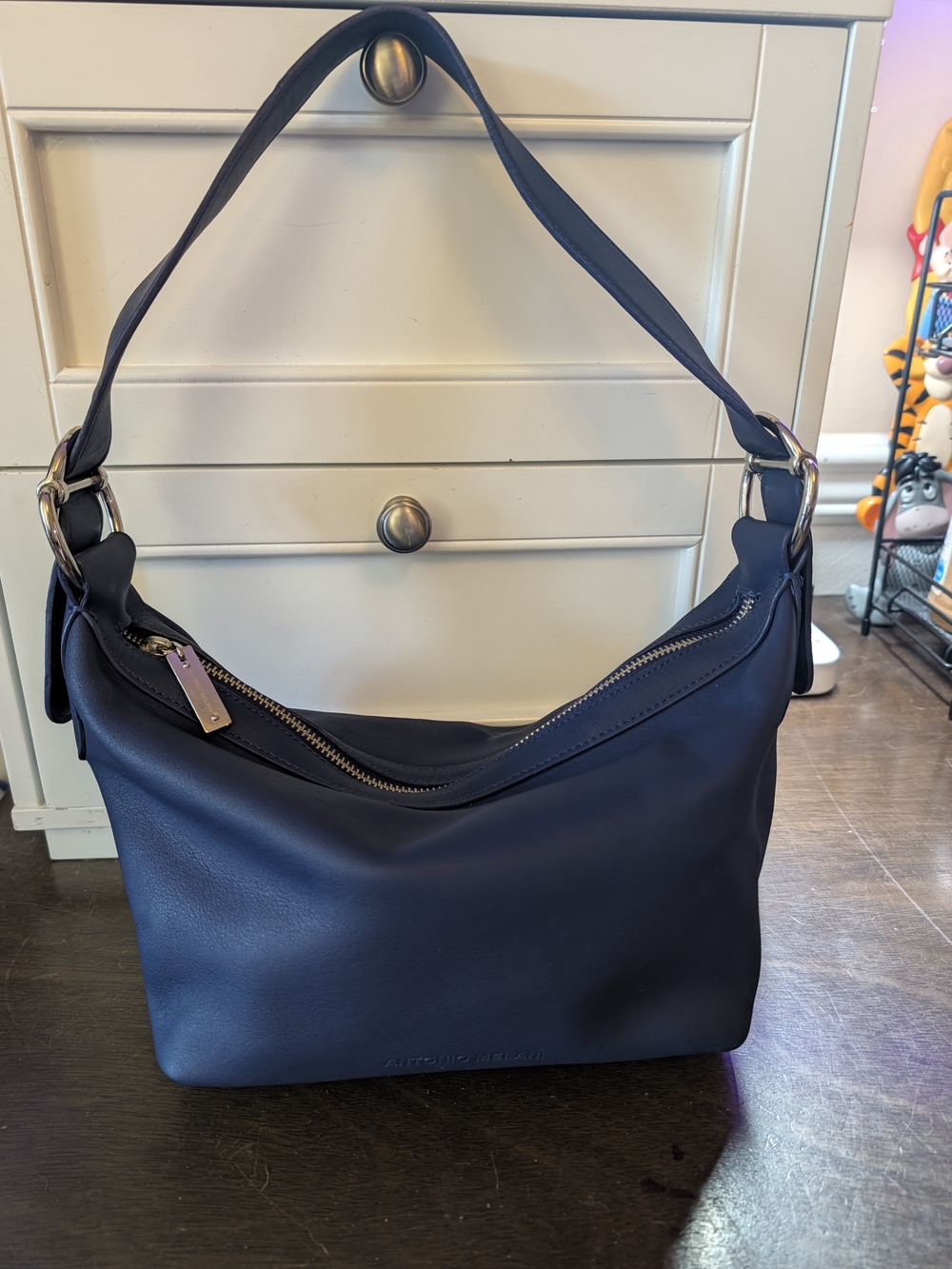 Antonio Melani Navy Blue Leather Slouchy Hobo Shoulder Bag Purse